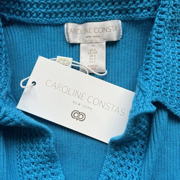 Caroline Constas Blue ribbed crochet Knit V-Neck Crop top designer NWT Small - Picture 3 of 7